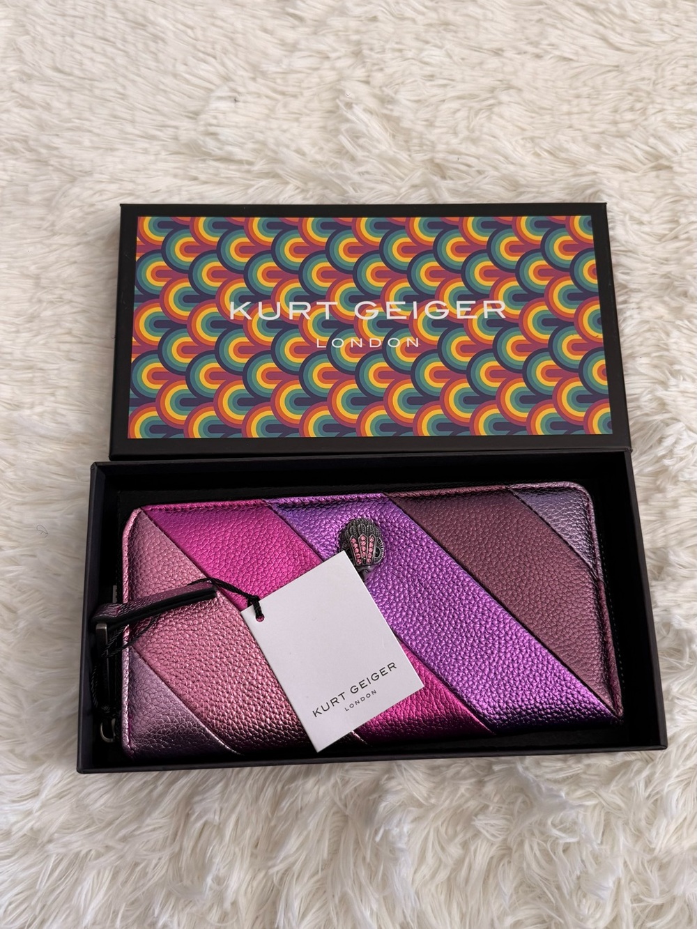 Kurt Geiger Metallic Pink and Purple Diagonal Zip Wallet